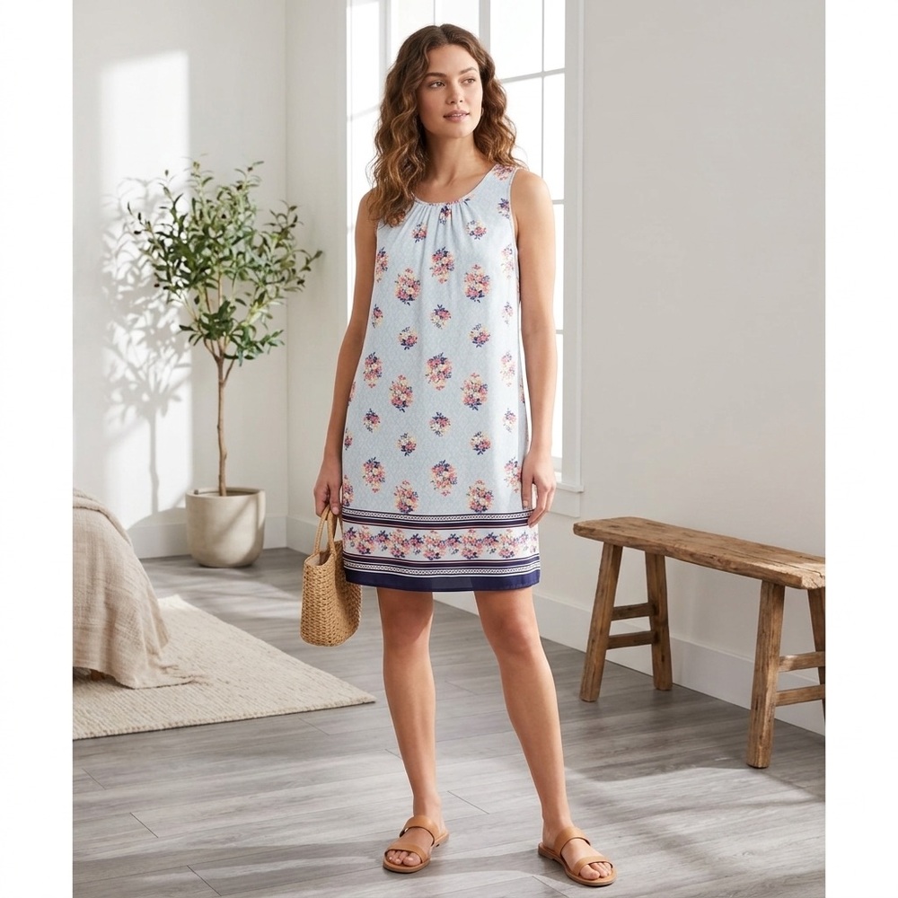 Skies Are Blue Floral Border Print Shift Dress Blue Small Sleeveless Summer Boho